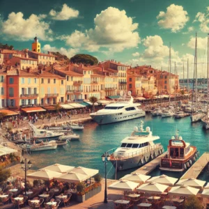 Co warto zobaczyć w Saint-Tropez
Piękny widok na port w Saint-Tropez, wypełniony luksusowymi jachtami, z tłem klasycznych, prowansalskich budynków o pastelowych kolorach. W tle niebieskie niebo z kilkoma białymi chmurami, a w dolnej części kadru widać promenadę z turystami spacerującymi obok kawiarni z widokiem na port. Całość ma elegancki, ale wakacyjny charakter, oddający atmosferę Saint-Tropez jako luksusowego, śródziemnomorskiego kurortu. Kolory są ciepłe, typowe dla śródziemnomorskiego klimatu.