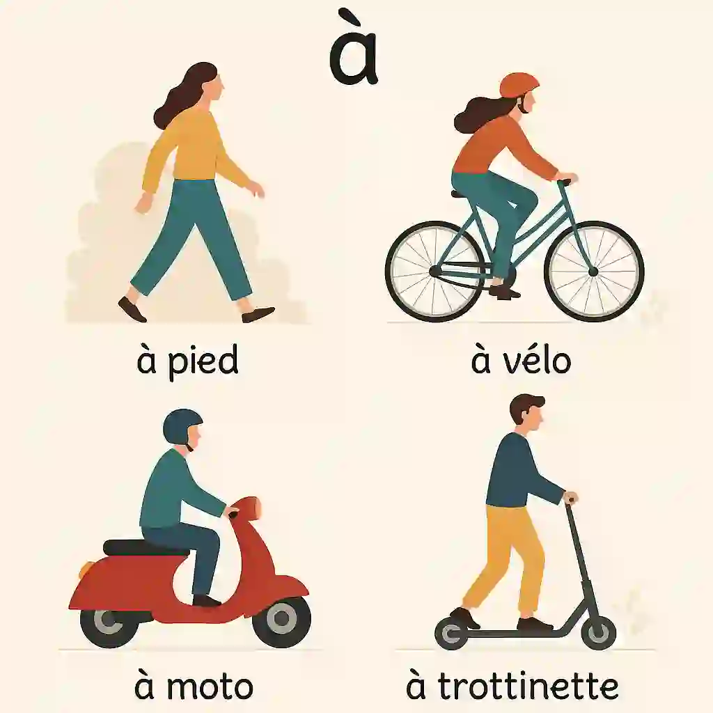 à pied, à vélo, à moto, à cheval, à trottinette