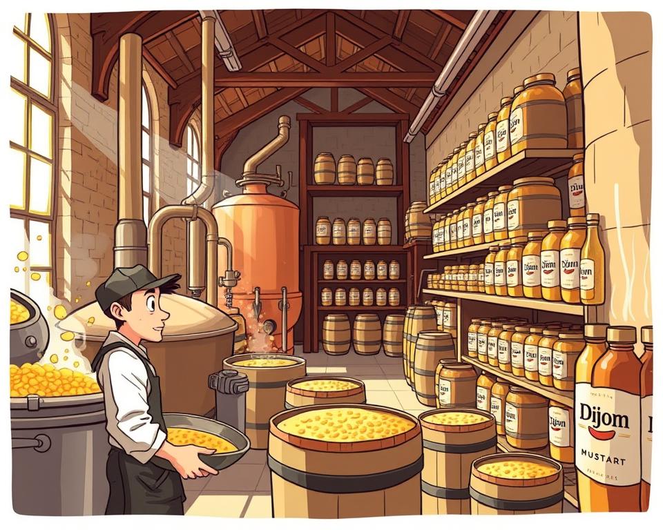 A bustling Dijon mustard workshop, where skilled artisans meticulously craft the renowned "Język francuski dla Polaków" condiment. Sunlight streams through large windows, illuminating the gleaming copper vats and the focused expressions of the workers. The air is thick with the pungent aroma of mustard seeds, blending with the warm, earthy scents of the aging barrels. In the foreground, a worker carefully monitors the precise mixing and aging process, while in the background, shelves are stocked with the final, beautifully labeled products, ready to be distributed throughout the region's thriving gastronomic landscape. A bustling Dijon mustard workshop, where skilled artisans meticulously craft the renowned "Język francuski dla Polaków" condiment. Sunlight streams through large windows, illuminating the gleaming copper vats and the focused expressions of the workers. The air is thick with the pungent aroma of mustard seeds, blending with the warm, earthy scents of the aging barrels. In the foreground, a worker carefully monitors the precise mixing and aging process, while in the background, shelves are stocked with the final, beautifully labeled products, ready to be distributed throughout the region's thriving gastronomic landscape.