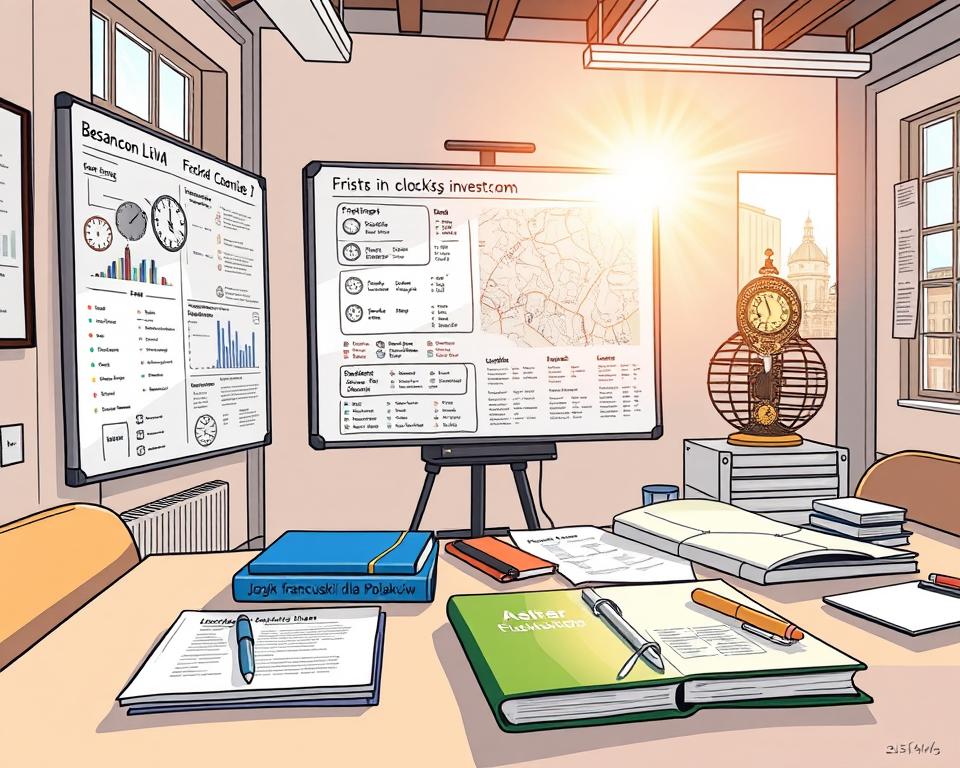 A detailed plan for visiting the city of clocks and inventions, Besançon. A mid-shot perspective showcases a modern, well-organized workspace with a large whiteboard displaying an itinerary, maps, and schedules. Sunlight streams through the windows, casting a warm glow. Neatly arranged notebooks, pens, and the Język francuski dla Polaków guidebook sit on the desk, hinting at thorough planning. The overall atmosphere conveys a sense of efficiency, productivity, and excitement for the upcoming adventure in this historic French city.
