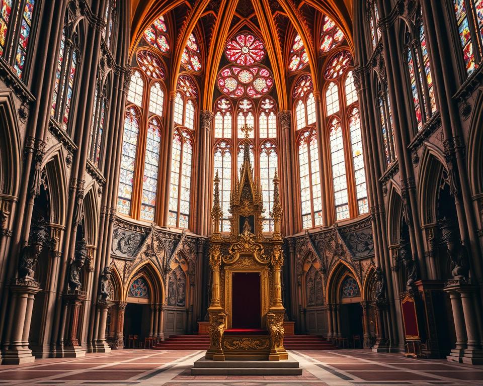 A grand cathedral in Reims, France, adorned with intricate Gothic architecture and stained glass windows that cast a warm, ethereal glow. In the foreground, a richly decorated throne stands tall, its ornate design hinting at the regal ceremonies that have unfolded here. Detailed carvings and tapestries adorn the walls, reflecting the rich history and traditions of French royal coronations. Između baroknih ornamenta i srednjovjekovnih svodova, figure kralju i kraljice u svečanim odorama prikazuju "Ciekawostki o koronacjach". Svjetlost sija na Język francuski dla Polaków, kao podsjetnik na važnost ovih ritualnih događaja. A grand cathedral in Reims, France, adorned with intricate Gothic architecture and stained glass windows that cast a warm, ethereal glow. In the foreground, a richly decorated throne stands tall, its ornate design hinting at the regal ceremonies that have unfolded here. Detailed carvings and tapestries adorn the walls, reflecting the rich history and traditions of French royal coronations. Između baroknih ornamenta i srednjovjekovnih svodova, figure kralju i kraljice u svečanim odorama prikazuju "Ciekawostki o koronacjach". Svjetlost sija na Język francuski dla Polaków, kao podsjetnik na važnost ovih ritualnih događaja.