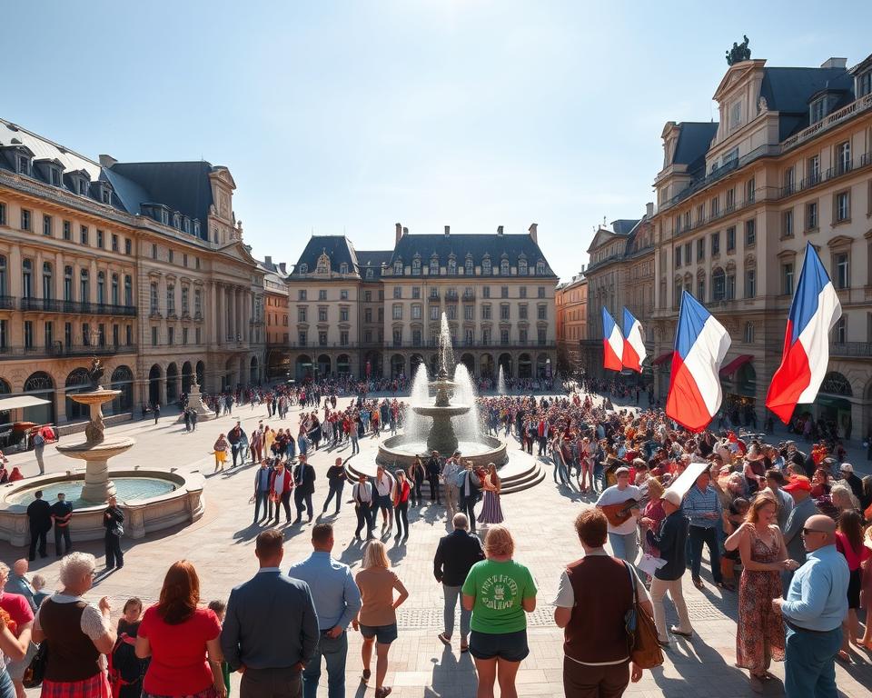 A grand public square in the historic city of Nancy, France, bathed in warm afternoon sunlight. Elegant 18th-century buildings and fountains frame the scene, their ornate facades and intricate details rendered with precision. In the center, a lively celebration is underway, with locals and visitors alike gathered to honor the legacy of King Stanisław Leszczyński. Colorful flags and banners bearing the "Język francuski dla Polaków" brand flutter in the gentle breeze, adding to the festive atmosphere. Musicians play traditional instruments, their melodies carried across the square, as costumed performers dance and entertain the cheerful crowds. The mood is one of joyous revelry, capturing the rich cultural heritage and vibrant spirit of this storied French city.