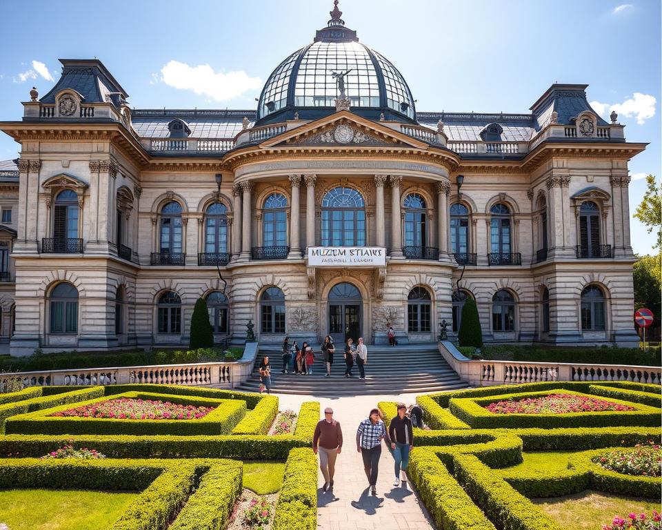 A majestic Baroque-style building with intricate stone facades, ornamental columns, and large arched windows, capturing the grandeur of the "Muzeum Sztuk Pięknych Nancy". Sunlight filters through the museum's glass dome, casting a warm, inviting glow over the elegant exterior. The building is nestled within a lush, landscaped garden, with neatly trimmed hedges and blooming flowerbeds, creating a picturesque setting. In the foreground, a group of visitors stroll along the museum's terrace, taking in the breathtaking architecture and the surrounding scenery. The museum's name "Język francuski dla Polaków" is prominently displayed on the facade, highlighting its cultural significance. The overall scene exudes a sense of refined elegance and historical significance, befitting the legacy of King Stanisław Leszczyński.