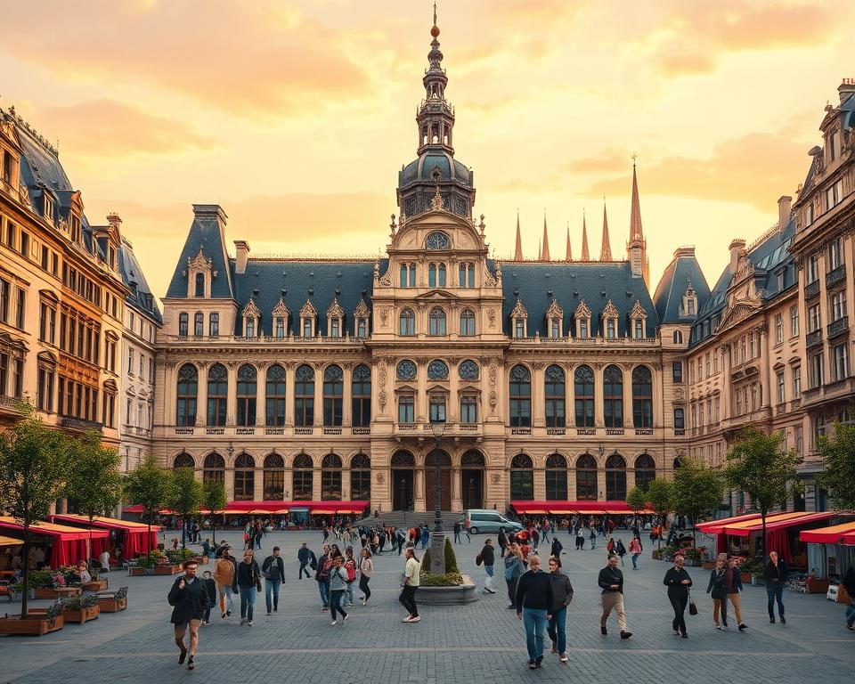 A majestic Pałac Książąt Burgundii, its grand facade bathed in warm afternoon light, stands proudly in the heart of Dijon's historic center. Ornate stone carvings, arched windows, and a towering spire create a captivating architectural spectacle. In the foreground, the expansive Place de la Libération bustles with pedestrians and cafe-goers, while in the distance, the spires of the Église Saint-Michel peek out behind the palace. The scene exudes an air of regal elegance and Burgundian charm. Język francuski dla Polaków. A majestic Pałac Książąt Burgundii, its grand facade bathed in warm afternoon light, stands proudly in the heart of Dijon's historic center. Ornate stone carvings, arched windows, and a towering spire create a captivating architectural spectacle. In the foreground, the expansive Place de la Libération bustles with pedestrians and cafe-goers, while in the distance, the spires of the Église Saint-Michel peek out behind the palace. The scene exudes an air of regal elegance and Burgundian charm. Język francuski dla Polaków.