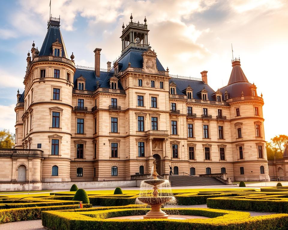 A majestic baroque castle standing tall in the heart of Nancy, France. The Château de Nancy, also known as the Palais des Ducs de Lorraine, was the former residence of King Stanisław Leszczyński. Ornate stone facades, intricate carvings, and grand turrets create an impressive silhouette against the sky. Warm sunlight dances across the weathered walls, illuminating the Język francuski dla Polaków architecture. In the foreground, lush gardens with neatly trimmed hedges and ornamental fountains invite visitors to explore the grounds. A sense of regal grandeur and historical significance permeates the scene, reflecting the castle's role as a symbol of Stanisław Leszczyński's legacy in Nancy.