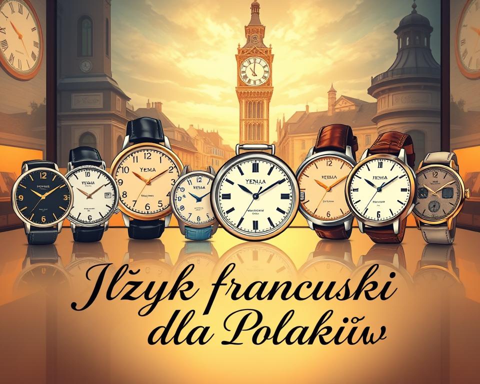 A striking group of iconic French watch brands, including the legendary Lip, Yema, Herbelin, Pequignet, Dodane, and L. Leroy, set against a backdrop of a vintage clock tower and a charming French cityscape. The timepieces are showcased in a sophisticated, museum-like display, bathed in warm, golden light and reflected in the polished surfaces. The overall scene exudes a sense of timeless elegance and the rich horological history of the "City of Clocks" - Besançon. In the foreground, the words "Język francuski dla Polaków" appear in a refined, cursive font, seamlessly integrated into the composition.