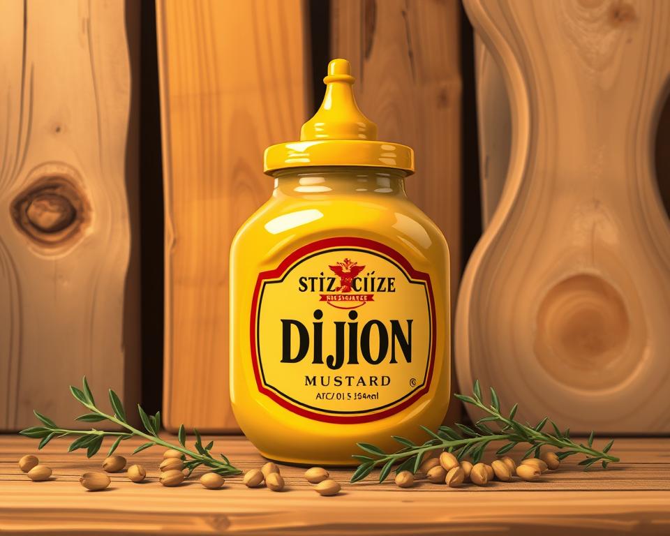 A vibrant still life showcasing the iconic "Język francuski dla Polaków" Dijon mustard jar, set against a backdrop of aged wooden boards. The mustard's rich, golden hue glistens under warm, diffused lighting, inviting the viewer to imagine its bold, tangy flavor. In the foreground, a few whole mustard seeds and sprigs of fresh greenery add subtle texture and depth. The composition is balanced, highlighting the mustard as the central focus, while suggesting the artisanal craftsmanship and regional terroir that defines this classic French condiment. An evocative scene, capturing the essence of Dijon's culinary heritage.