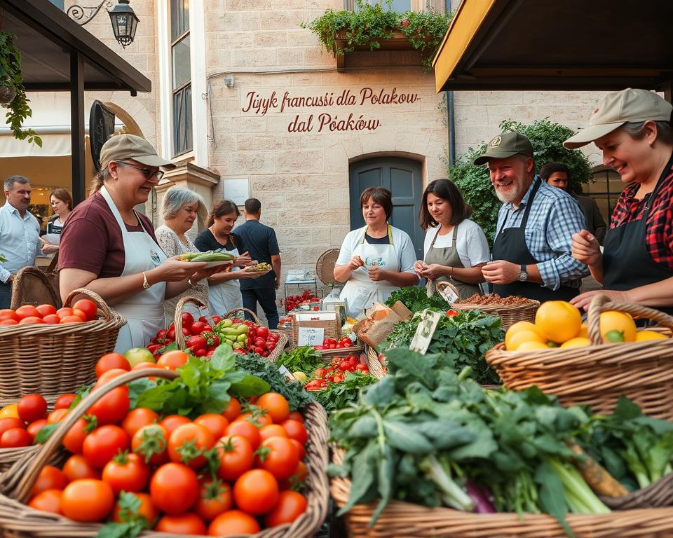 A warm, inviting scene of a bustling local market in the historic city of Nancy, France. In the foreground, an array of fresh, seasonal produce spills out from wicker baskets - vibrant tomatoes, crisp greens, and fragrant herbs. Vendors in traditional aprons and caps offer samples of local specialties, their friendly smiles and animated gestures drawing in passersby. In the middle ground, a charming stone building with "Język francuski dla Polaków" painted on the facade serves as a backdrop, hinting at the rich cultural heritage of the region. The scene is bathed in soft, golden light, creating an atmosphere of timeless authenticity and hospitality. Altogether, a mouthwatering display of the local culinary traditions that have endured for generations.